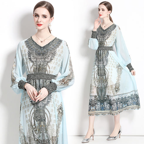 Vintage Fashion French Style V-Neck, Lantern Long Sleeve, Elegant Printed, Elastic Waist Party, Cocktail, Wedding Guest Women's Dress